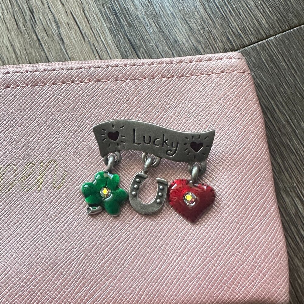 Vintage Lucky Charm Brooch - Clover, Horseshoe & Heart Dangle Pin